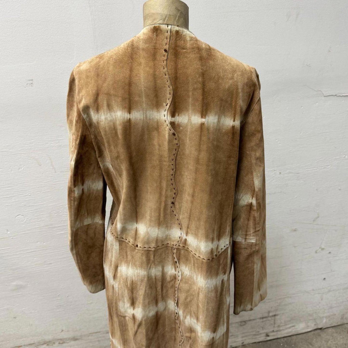 Vtg Y2K Bisou Jeans Tie Dye Suede Longline Jacket 100% Leather Duster