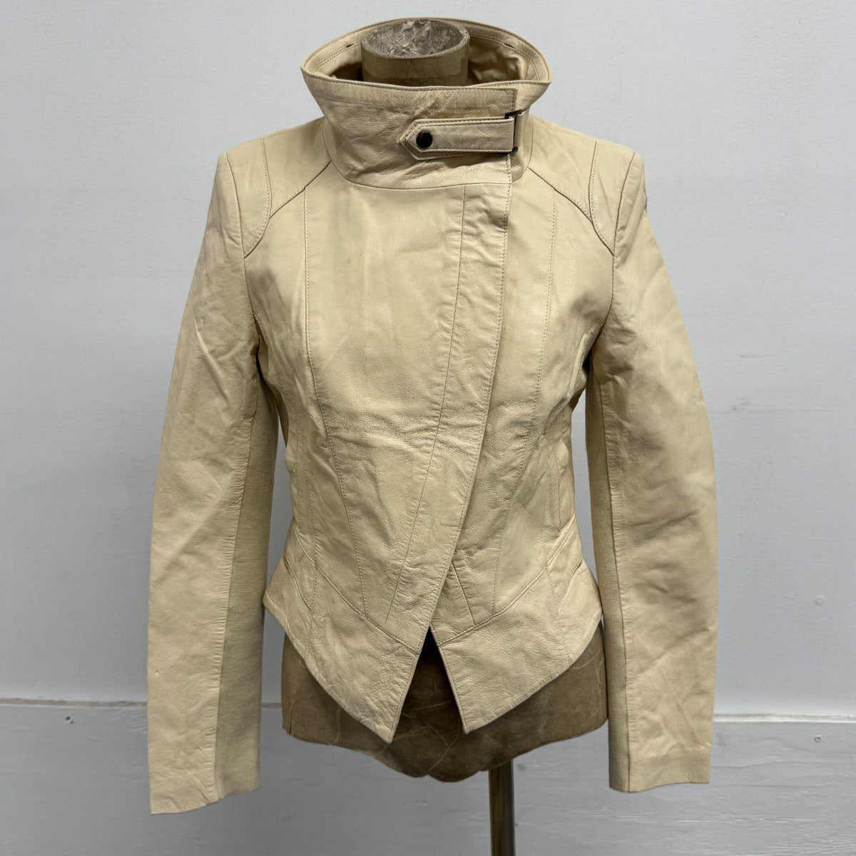 Vintage Cream Funnel Neck Asymmetric Avant Garde Leather Jacket