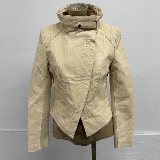 Vintage Cream Funnel Neck Asymmetric Avant Garde Leather Jacket