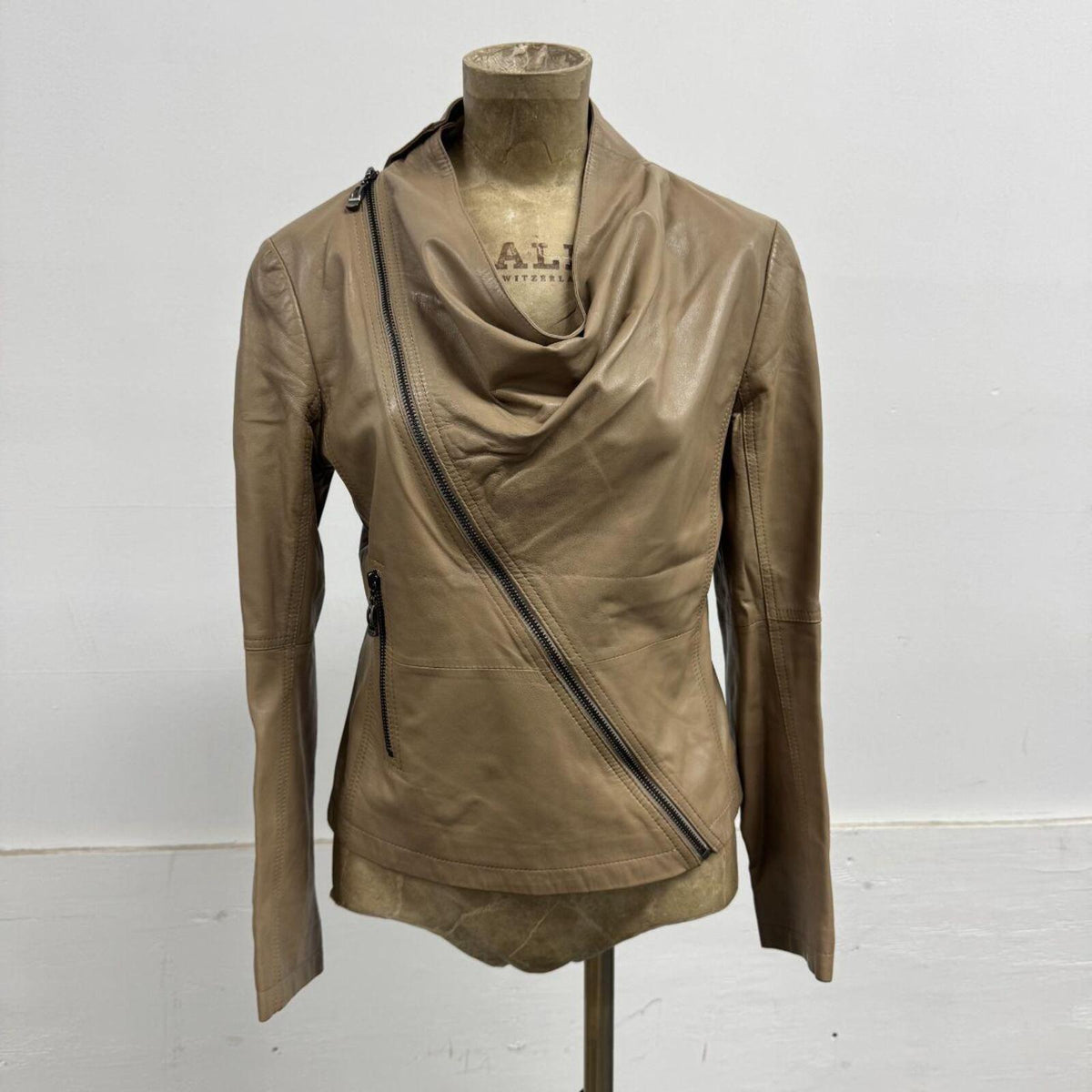 Vintage Tan Cowl Funnel Neck Asymmetric Avant Garde Leather Jacket