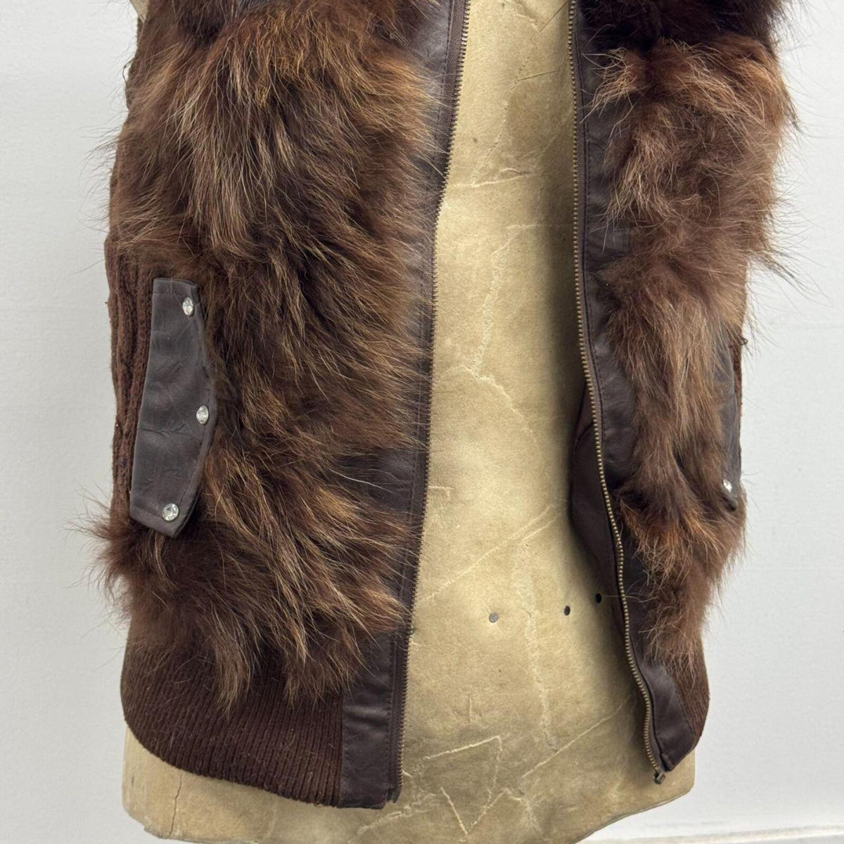 Vintage Y2K Chocolate Fox Fur & Leather Cable Knit Vest