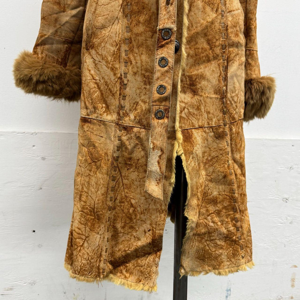 Vintage Y2K Penny Lane Suede Trench Coat w Fox Fur Collar Rabbit Lining