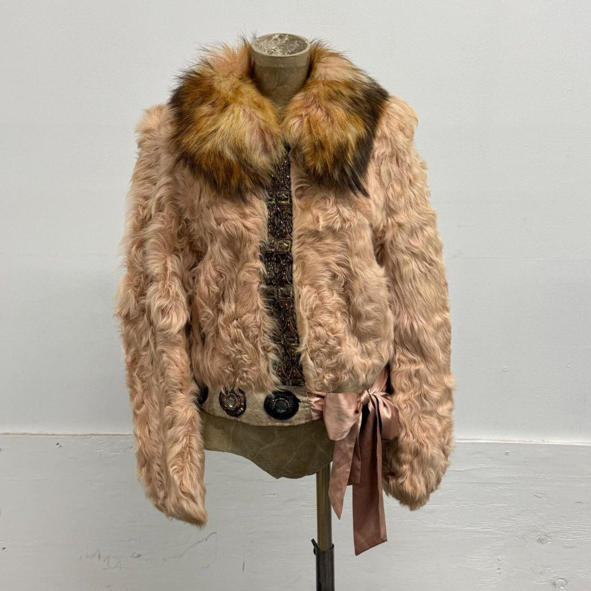 Vintage Y2K Pink Embellished Wool & Fox Fur Jacket Coat