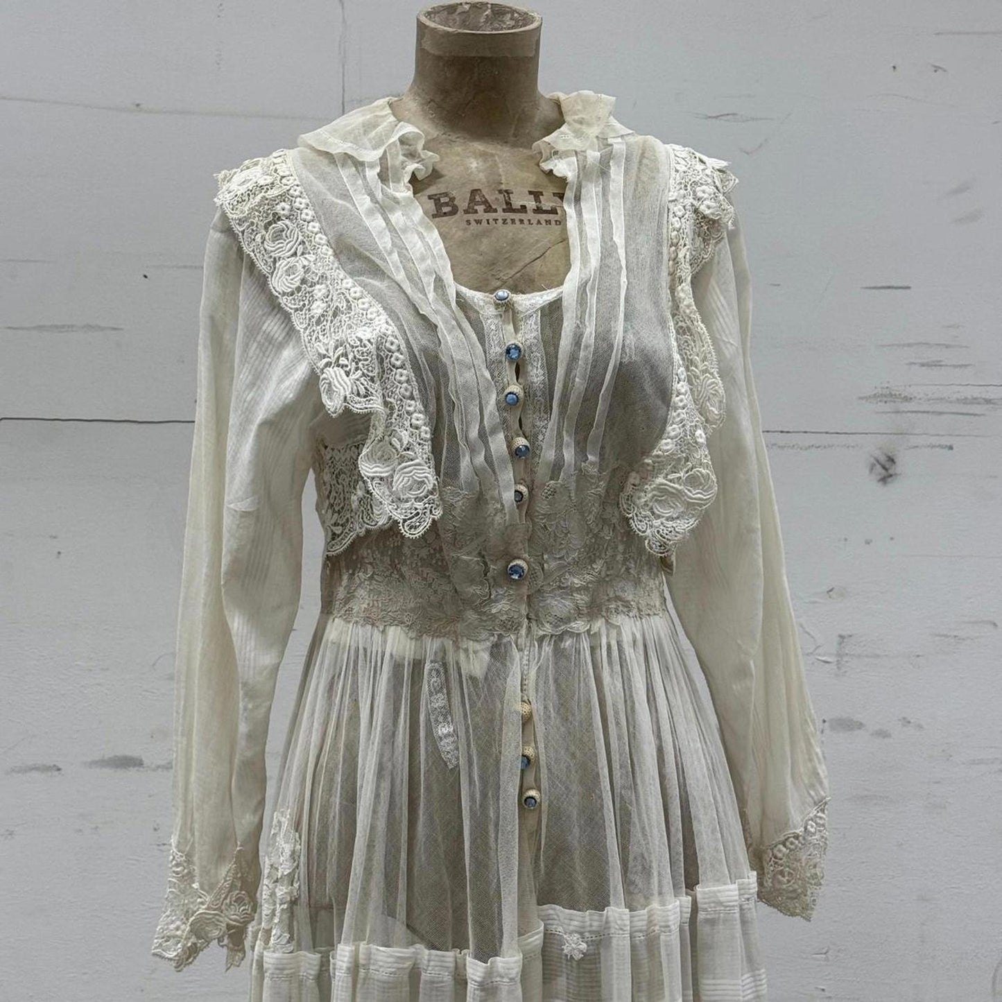 Edwardian Antique Lingerie Dress Lace Ruffle Gem Buttons