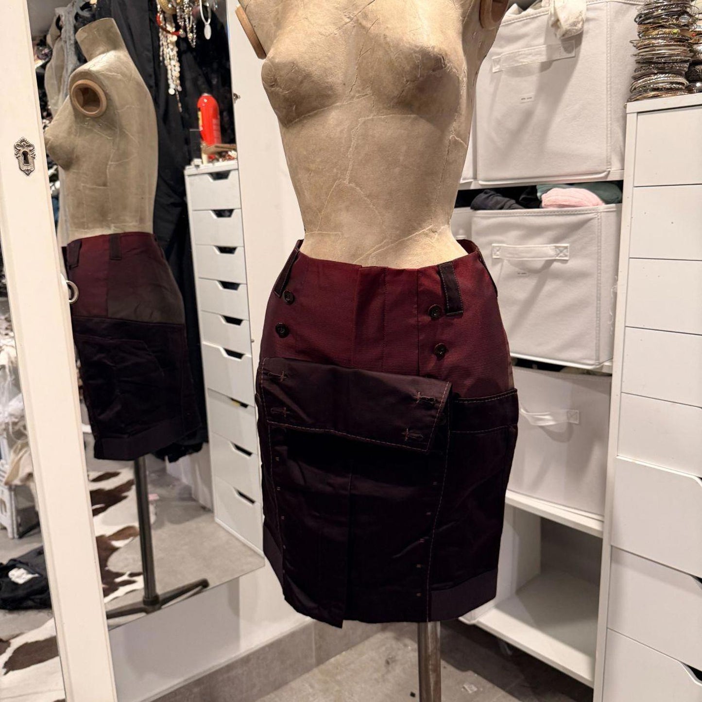 Marithe Francois Girbaud Burgundy Color Block Sailor Button Skirt - Size XS