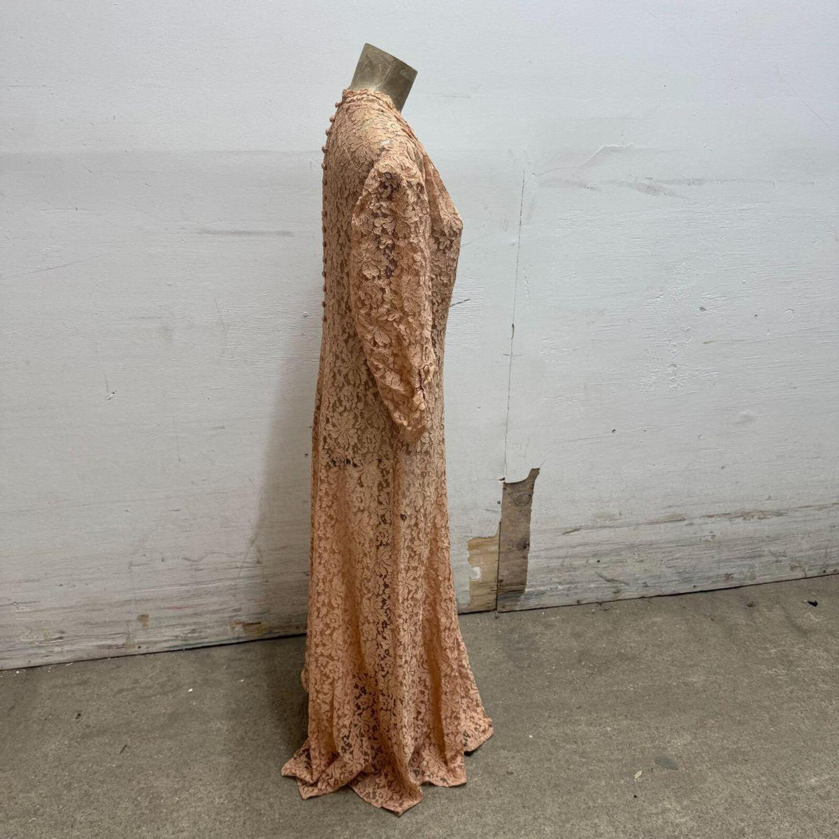 Vintage Broadway Costume 30s Antique Peach Lace Maxi Gown Dress