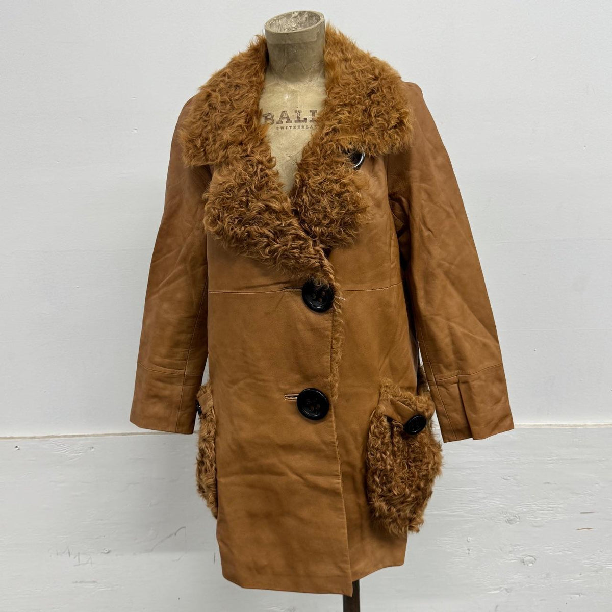 Vintage Camel Tan Leather Shearling Mod Swing Coat w Oversized Buttons