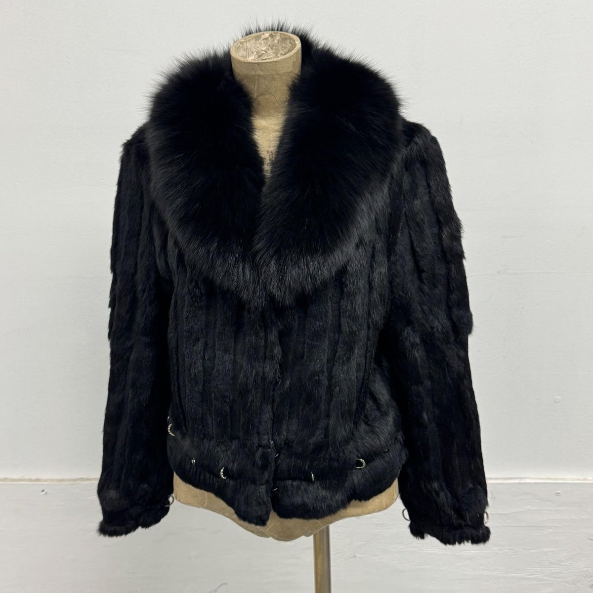 Vintage Y2K Black Rabbit & Fox Fur Pierced Jacket Coat