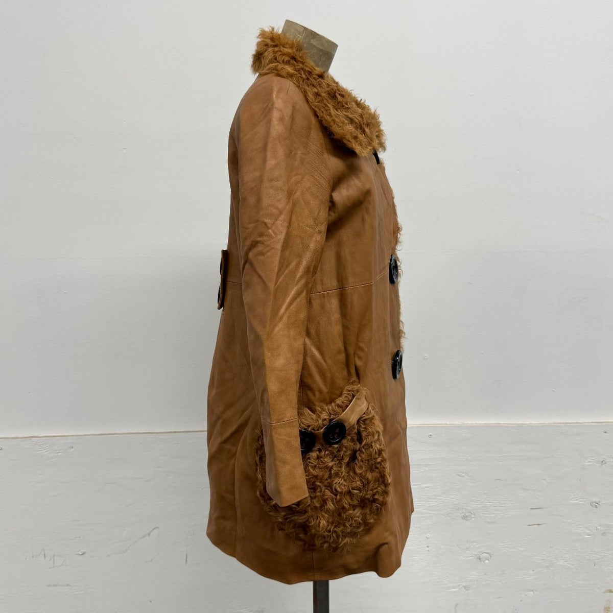 Vintage Camel Tan Leather Shearling Mod Swing Coat w Oversized Buttons
