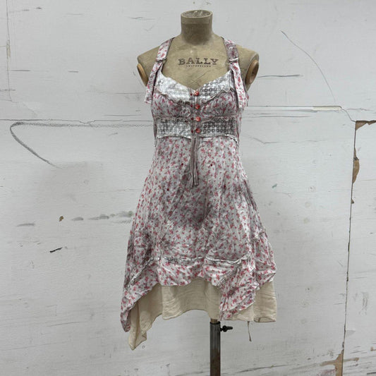 Vintage European Avant Garde Floral Cotton Red Grey White Mini Dress