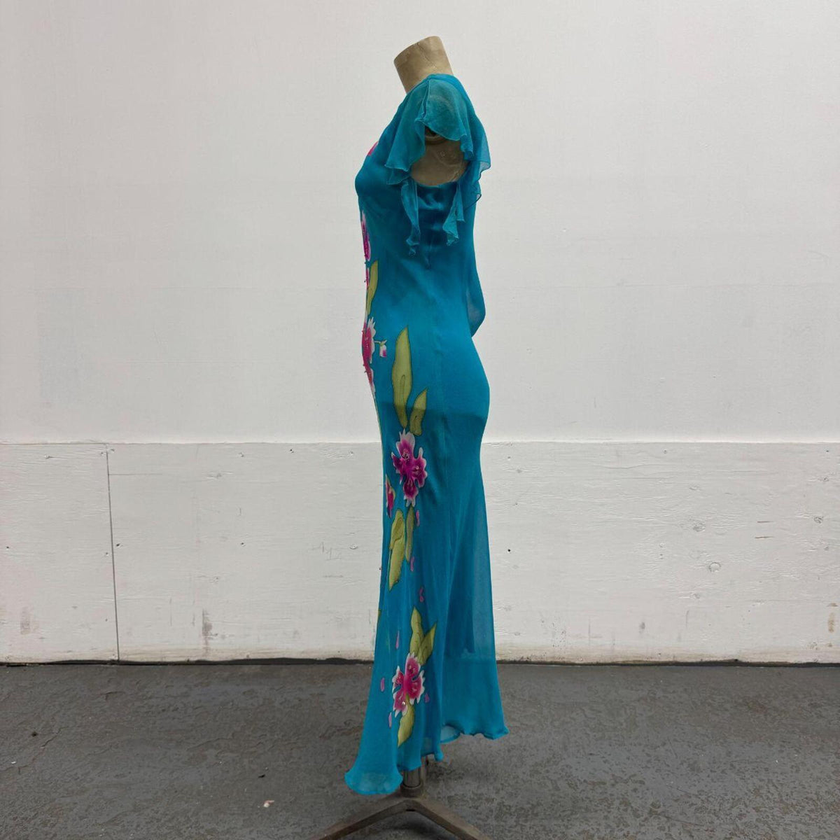 Vintage Y2K Flutter Sleeve Hand-Painted Floral Beaded Silk Maxi Dress