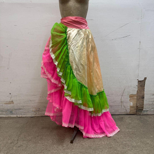 Vintage Broadway Costume 70s Neon Ruffle Maxi Wrap Skirt