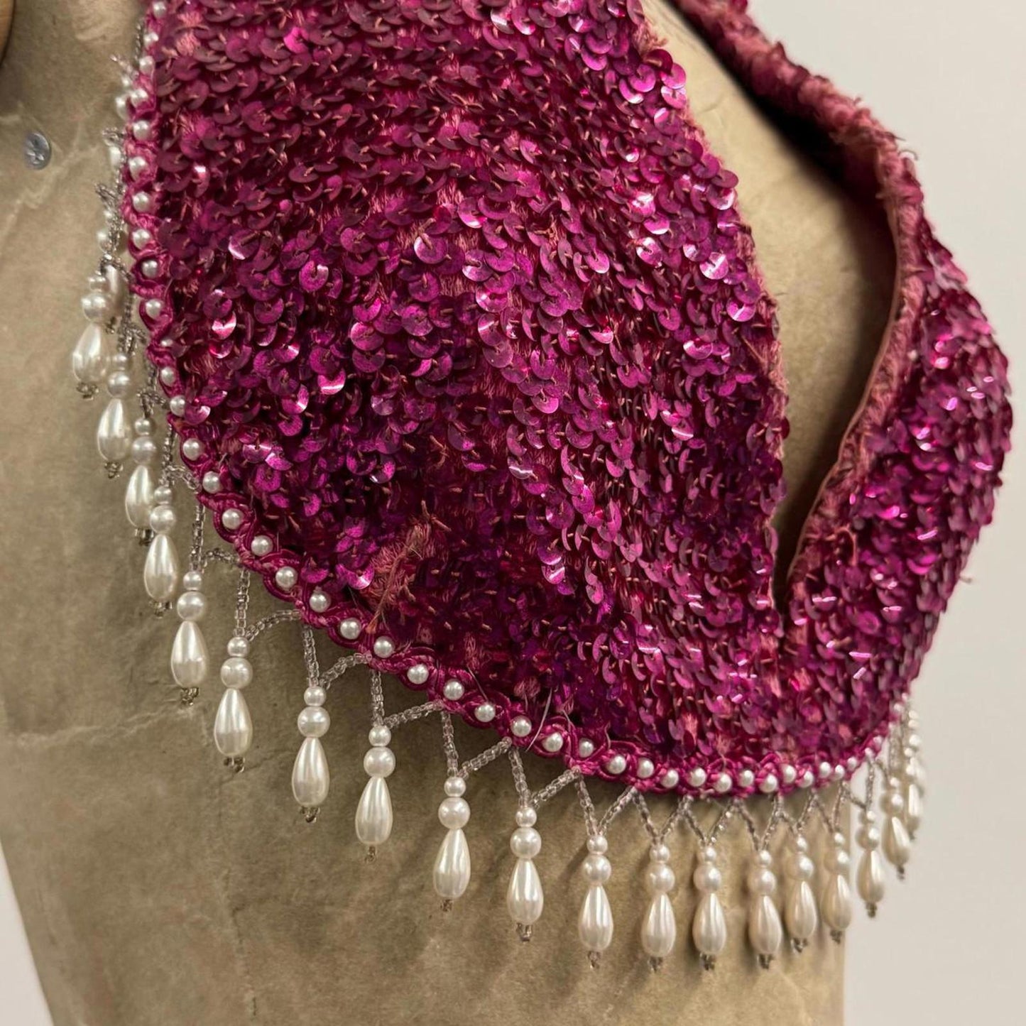 Vintage Showgirl Magenta Sequin Halter Bra Top
