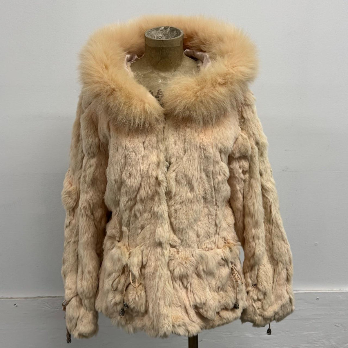 Vintage Y2K Hooded Peach Pastel Pink Rabbit & Fox Fur Jacket Coat