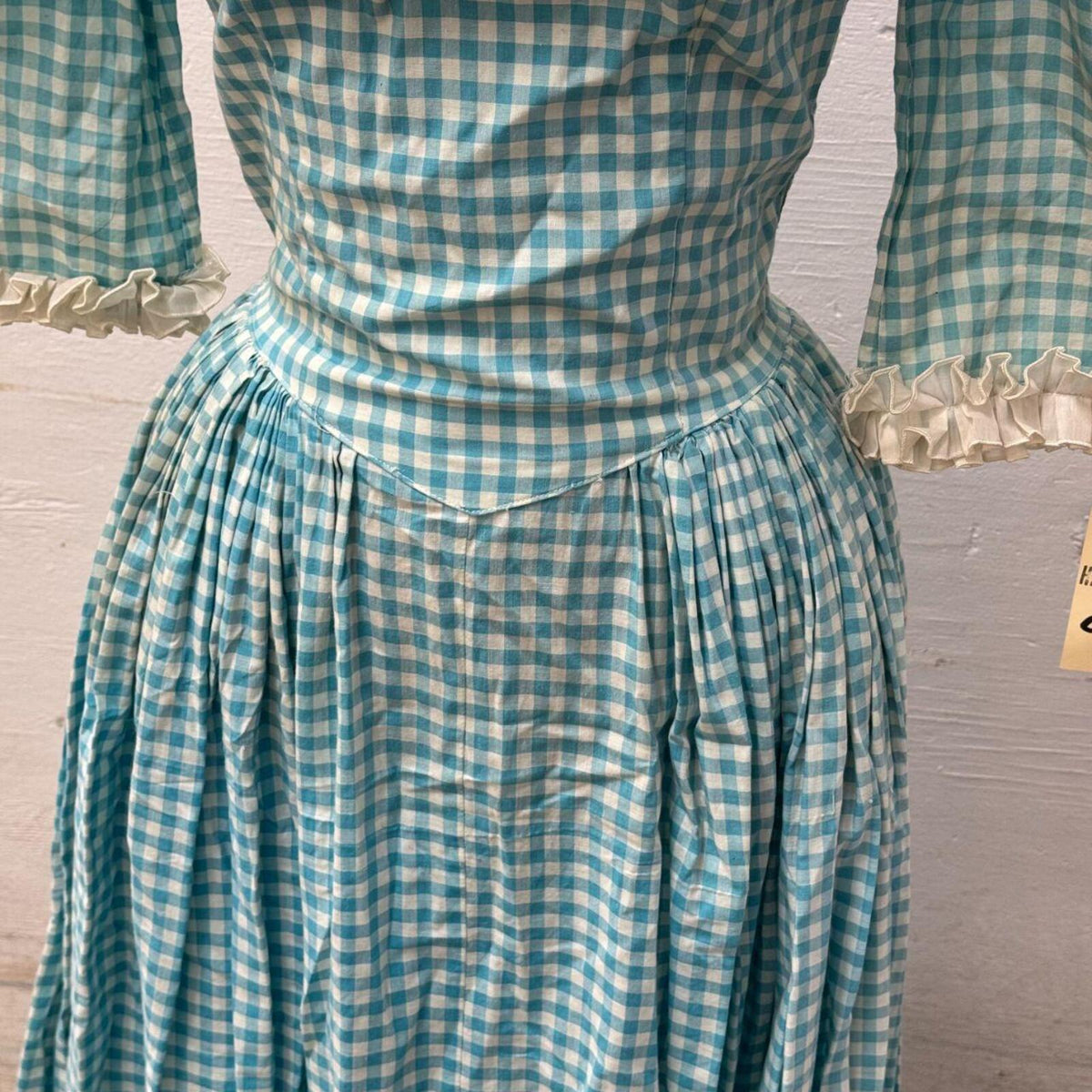 Vintage Film Costume 70s Teal Gingham Prairie Maxi Dress XXS