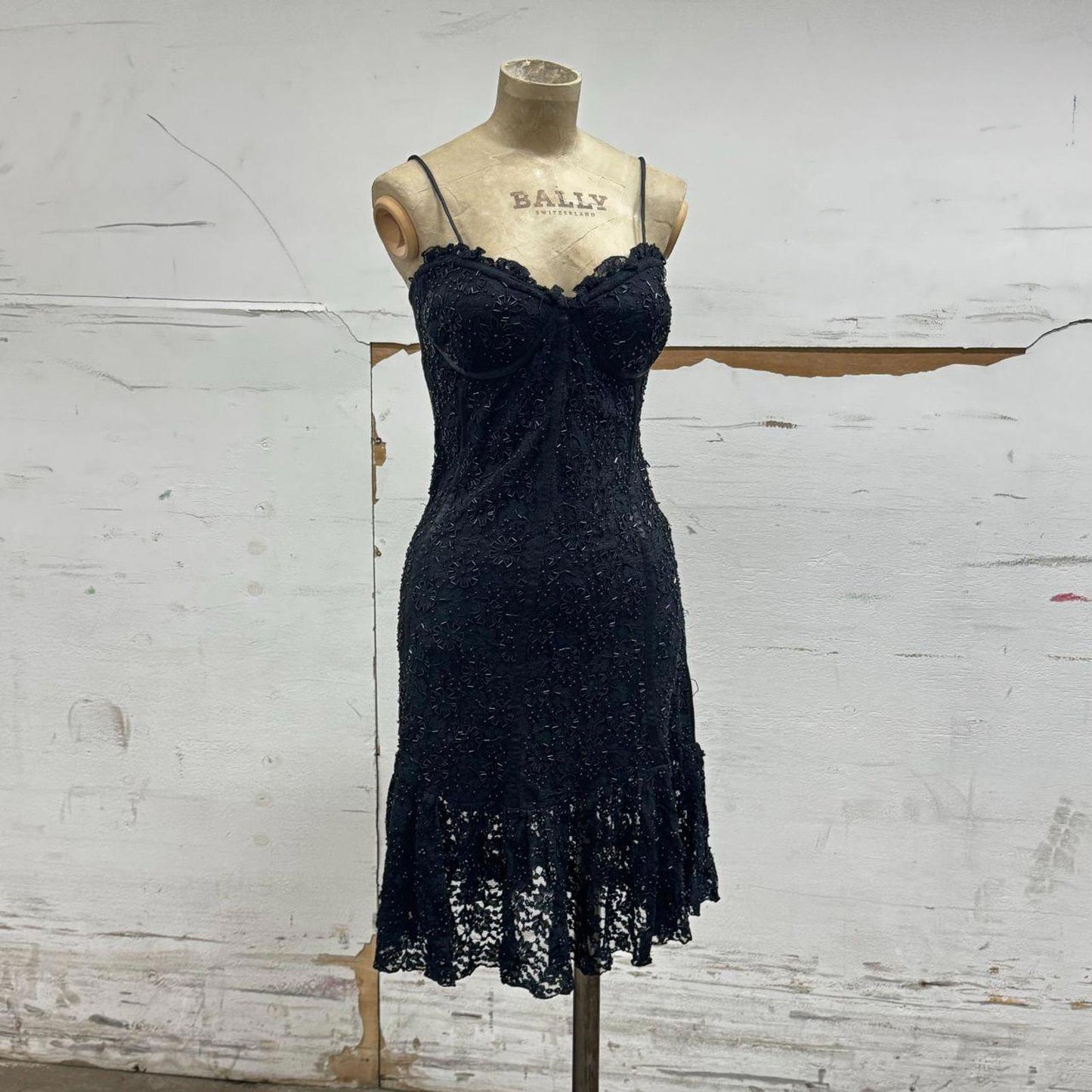 Y2k Vintage Di Francesco Black Beaded Lace Midi Dress