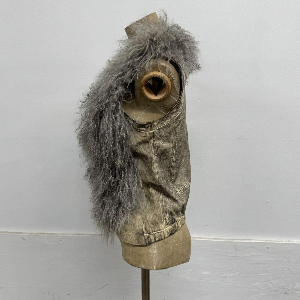 Vintage Y2K Grey Avant Garde Leather & Mongolian Lamb Vest
