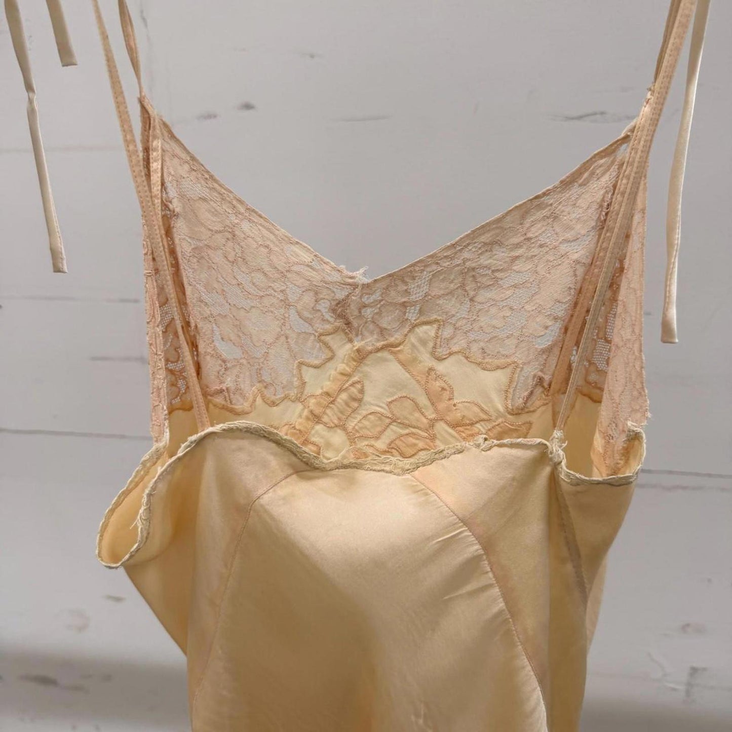 Vintage 1930s Cream Silk Satin Slip Dress Bias Cut Floral