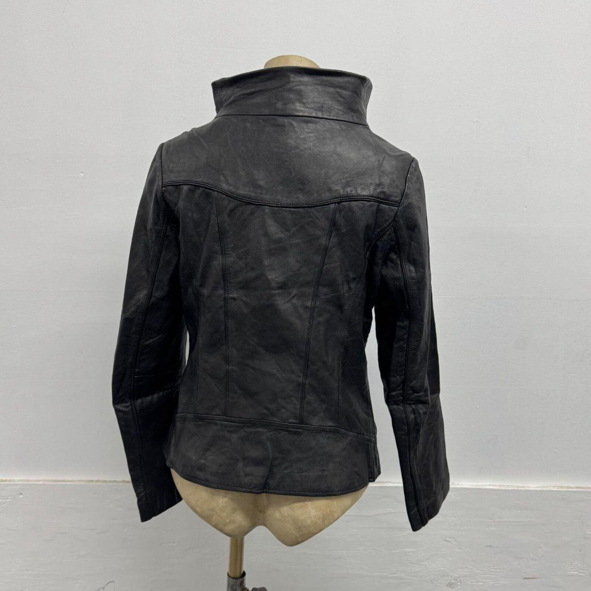 Vintage Black Funnel Neck Asymmetric Avant Garde Leather Jacket