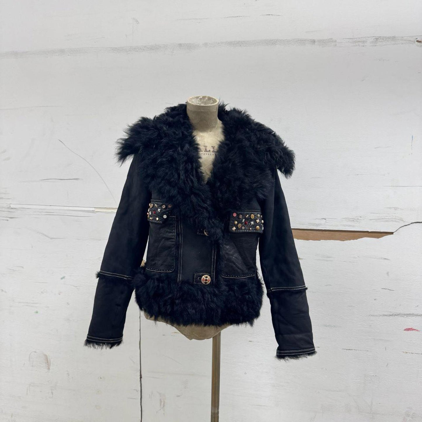 Vintage Black Gold Embellished Leather & Shearling Statement Jacket