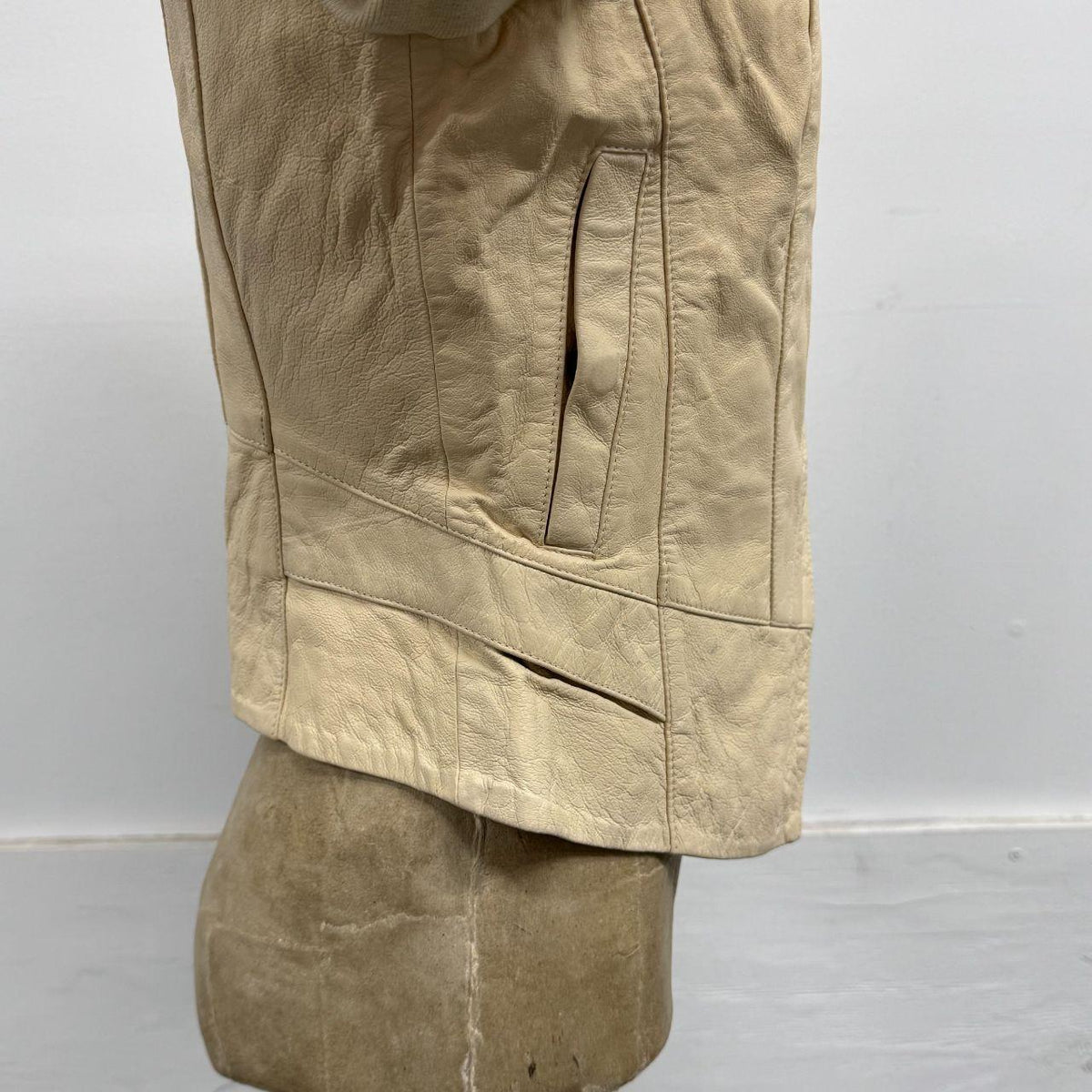 Vintage Cream Funnel Neck Asymmetric Avant Garde Leather Jacket