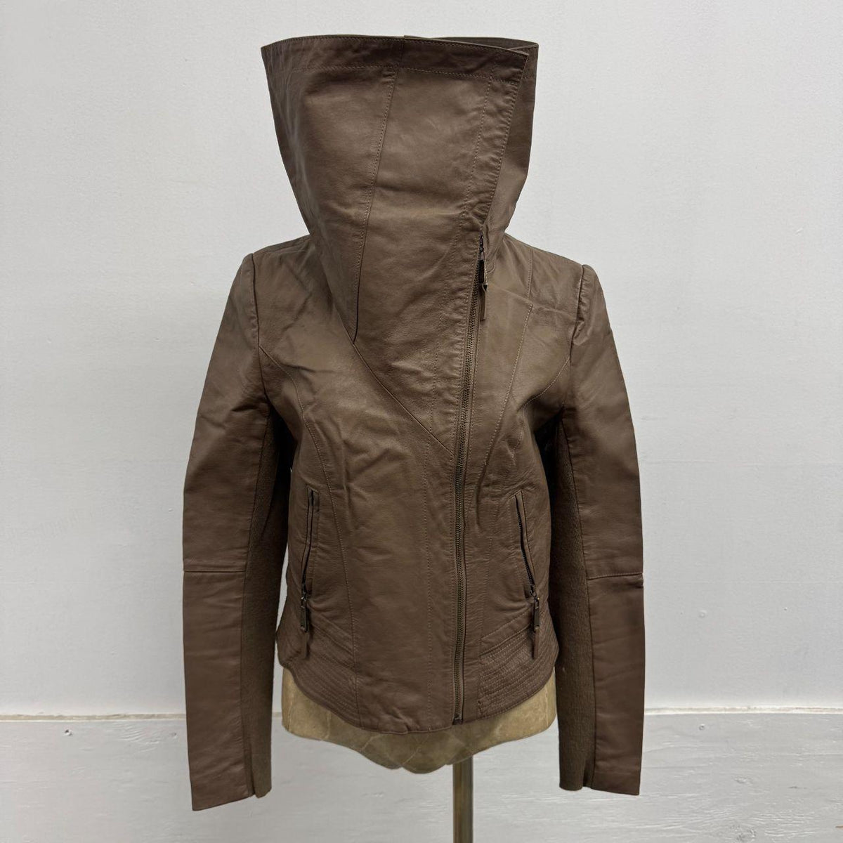 Vintage Brown Funnel Neck Asymmetric Avant Garde Leather Jacket