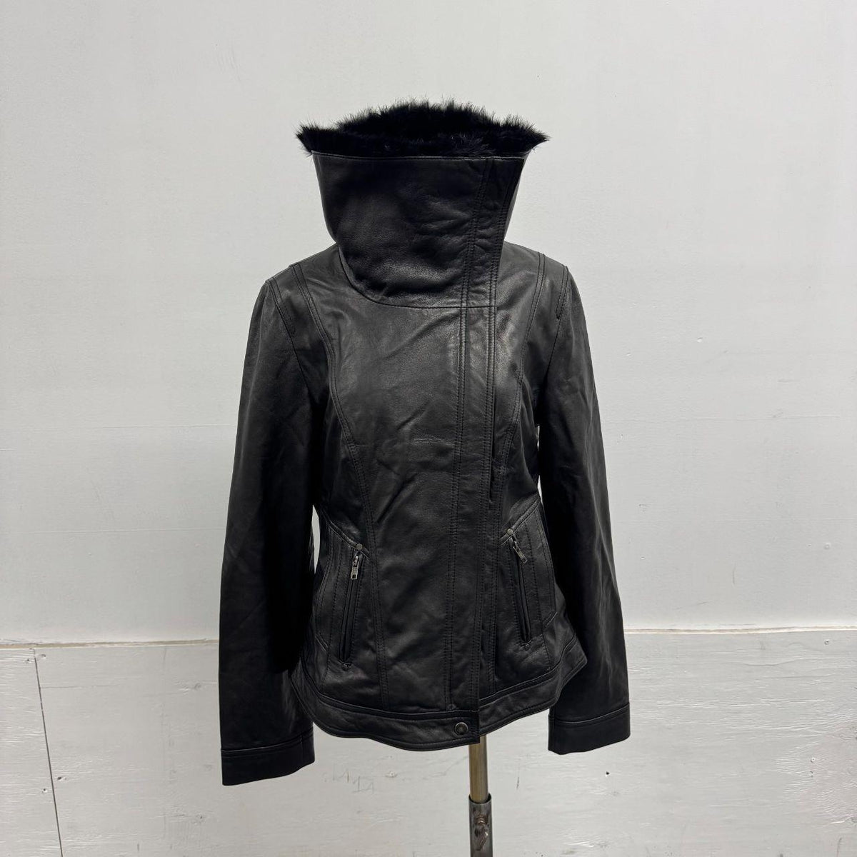 Vintage Black Funnel Rabbit Fur Neck Avant Garde Leather Jacket