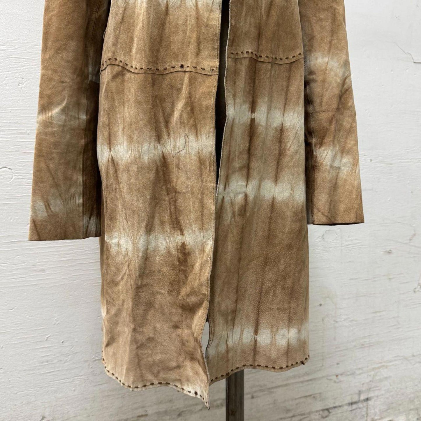 Vtg Y2K Bisou Jeans Tie Dye Suede Longline Jacket 100% Leather Duster
