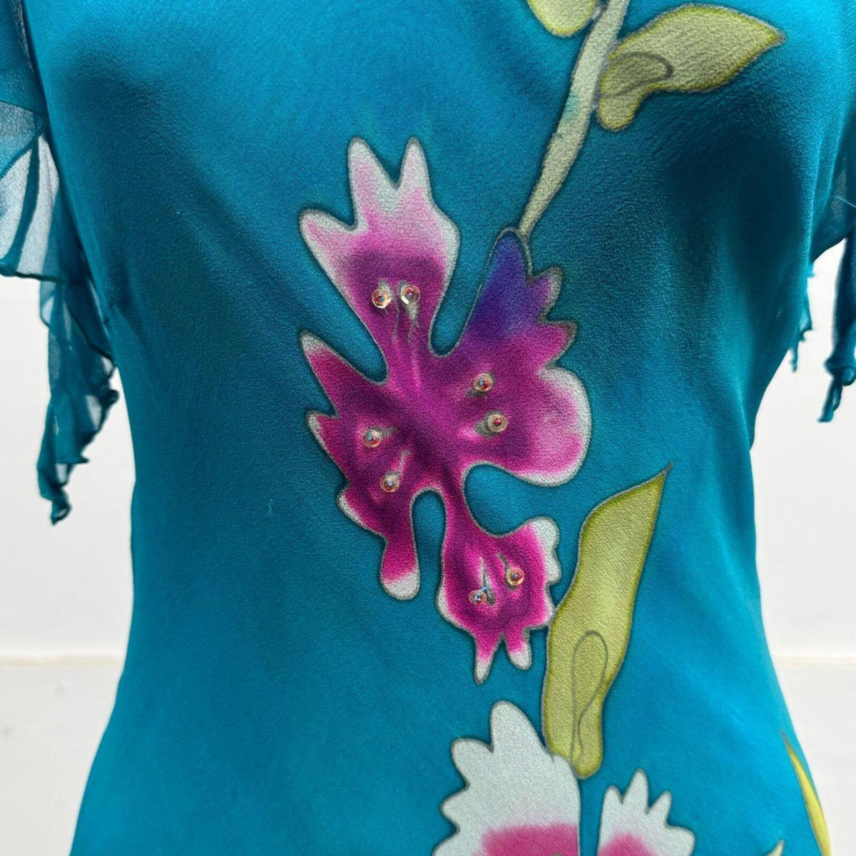 Vintage Y2K Flutter Sleeve Hand-Painted Floral Beaded Silk Maxi Dress