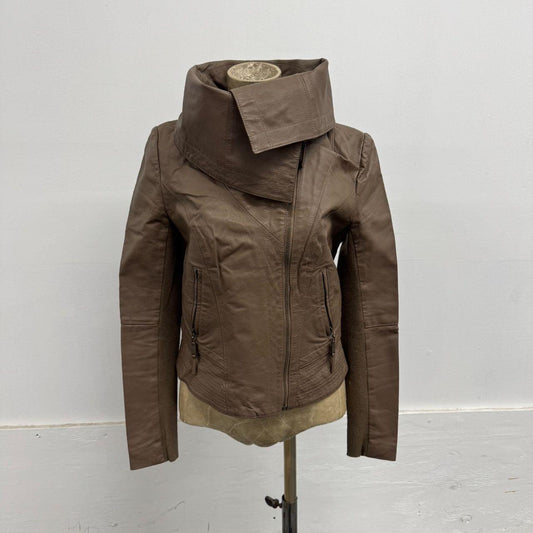 Vintage Brown Funnel Neck Asymmetric Avant Garde Leather Jacket