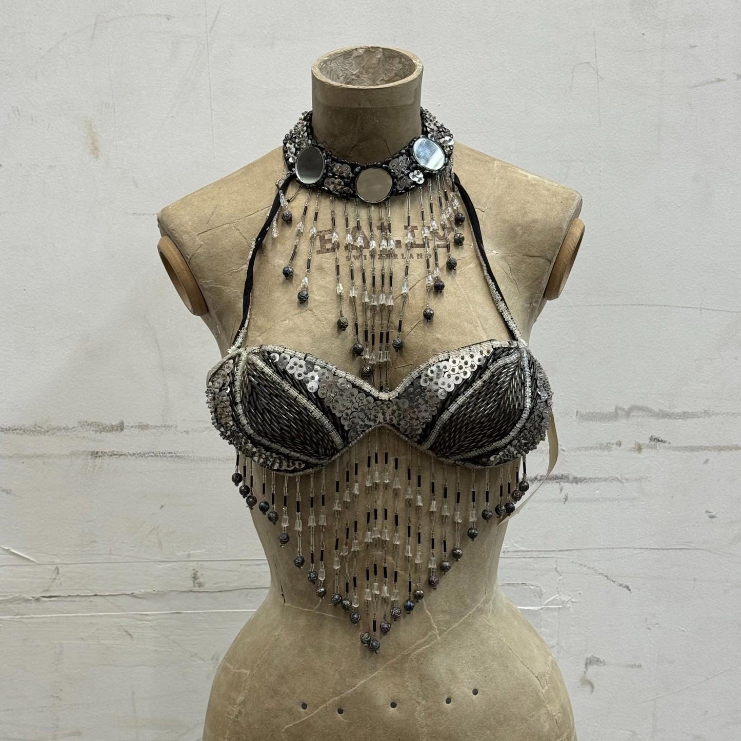 Vintage Showgirl Beaded Silver & Black Mirror Bra Stage Film Costume Burlesque