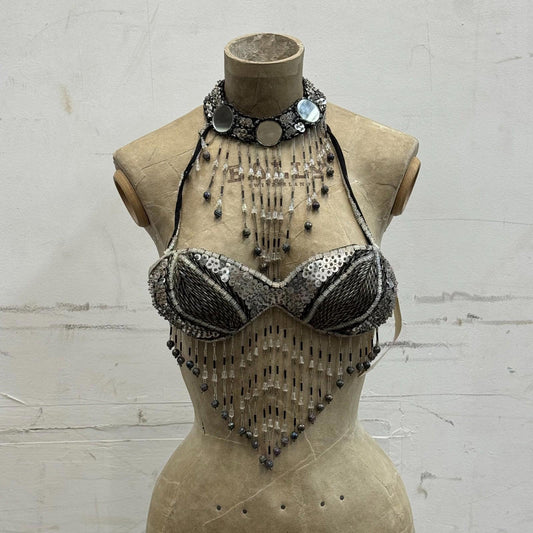 Vintage Showgirl Beaded Silver & Black Mirror Bra Stage Film Costume Burlesque