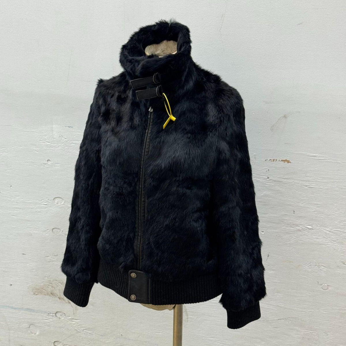 Vintage Y2K Versace Jeans Signature Black Rabbit Fur Jacket Coat