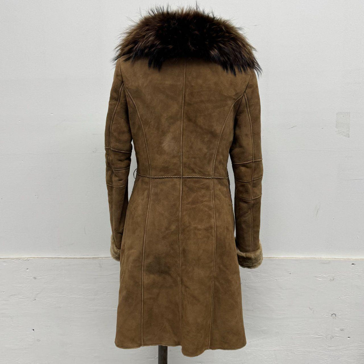 Vintage Y2K Brown Shearling Penny Lane Suede Coat w Raccoon Fur Collar