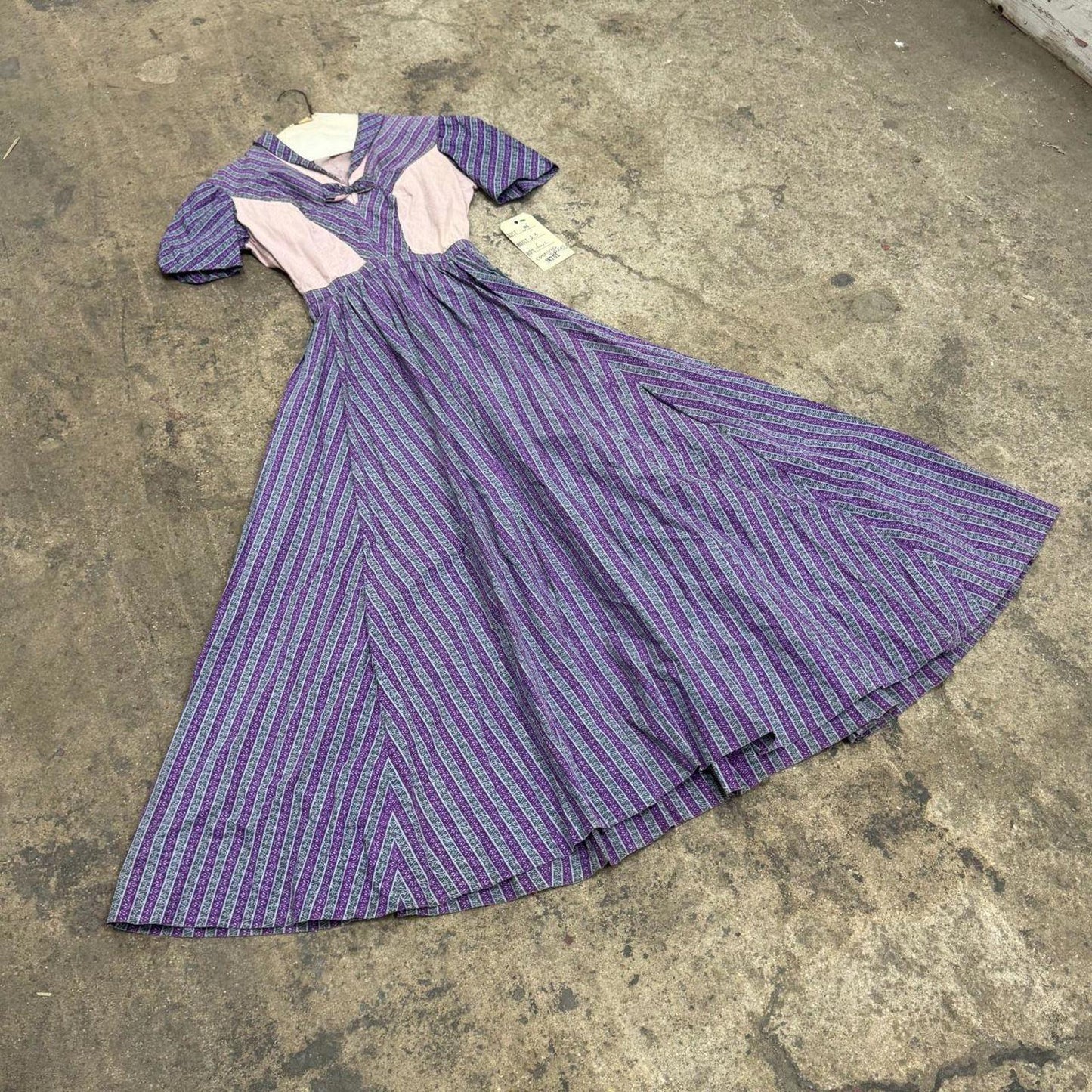 70s does 40s Vintage Purple & White Striped Cotton Prairie Dress Film Costume