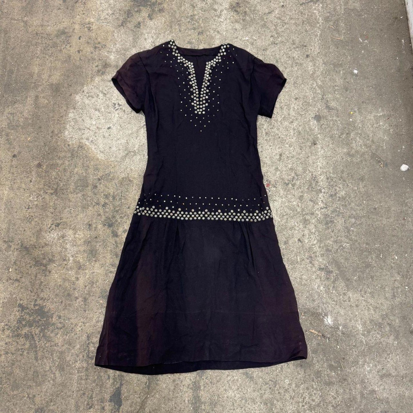 Vintage Antique 1920s 20s Black Rhinestone Studded Flapper Drop-Waist Dress