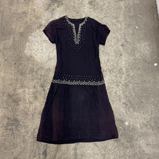 Vintage Antique 1920s 20s Black Rhinestone Studded Flapper Drop-Waist Dress
