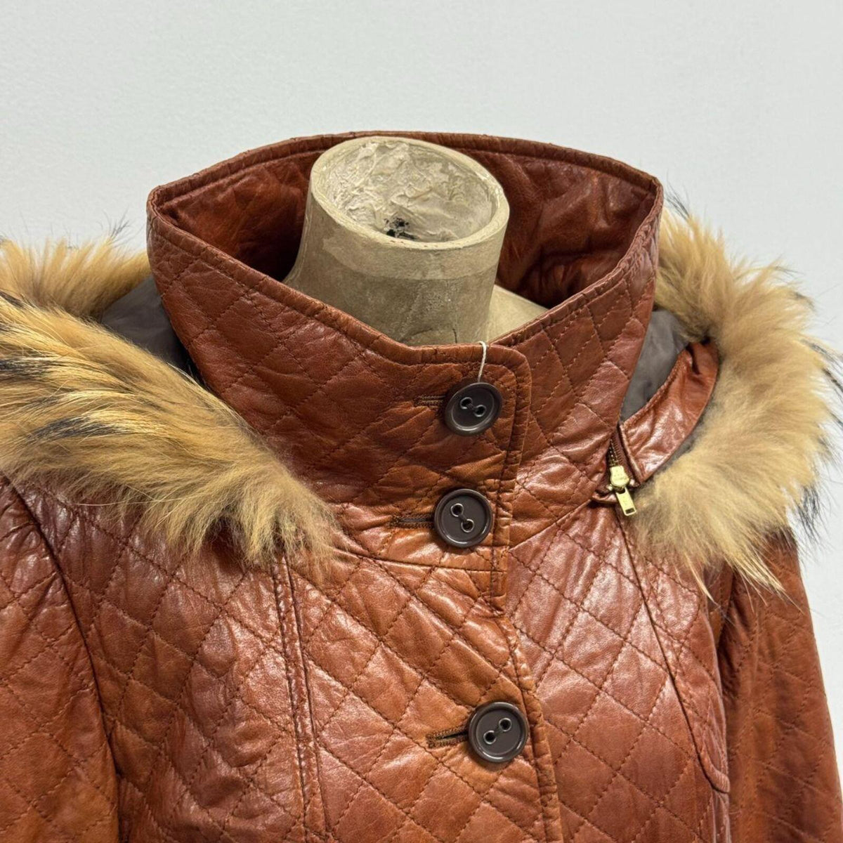 Vintage Cognac Brown Longline Detachable Hood Quilted Leather Jacket